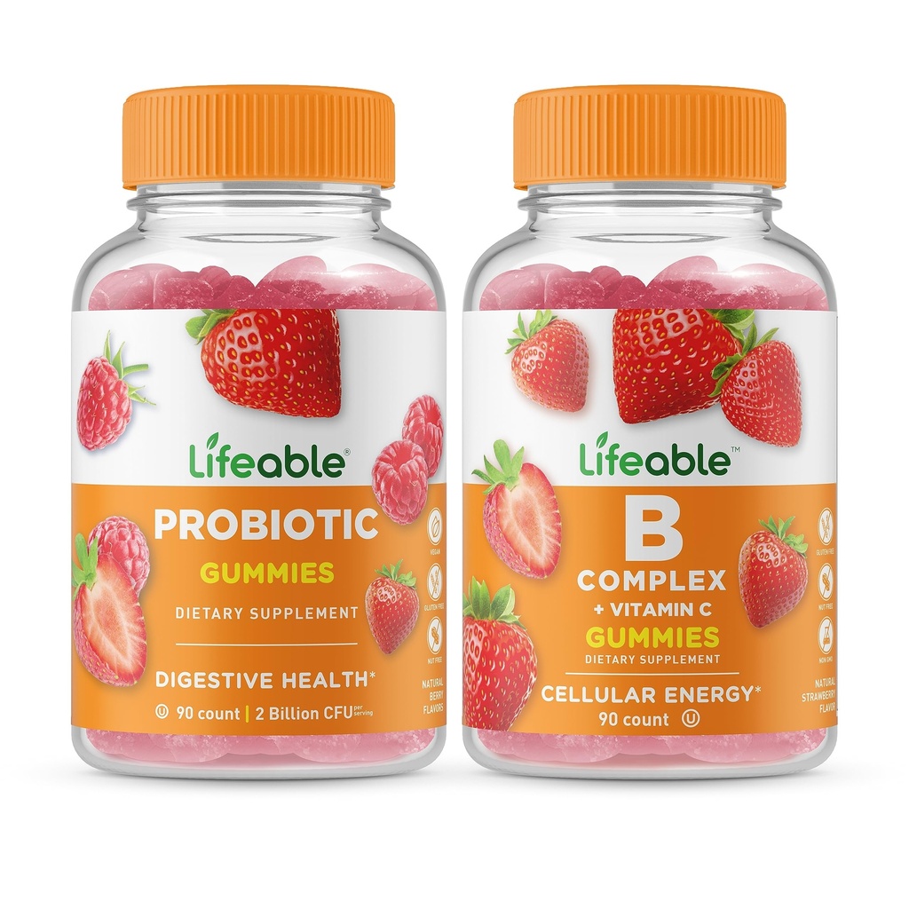 Probiótico Lifeable 2 Billones CFU + B Complejo, Gummies Bundle - Gran Tasting, Suplemento de vitamina, Gluten Gratis, GMO Gratis, Chewable Gummy
