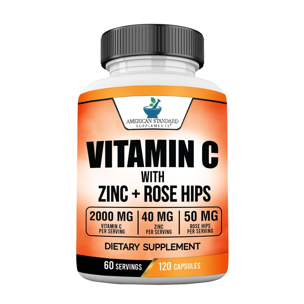American Standard Supplements Vitamin C 2000mg, Zinc 40mg y Rose Hips 50mg Por Serving, Vegan, Gluten Free, Non-GMO (120 Conteo)