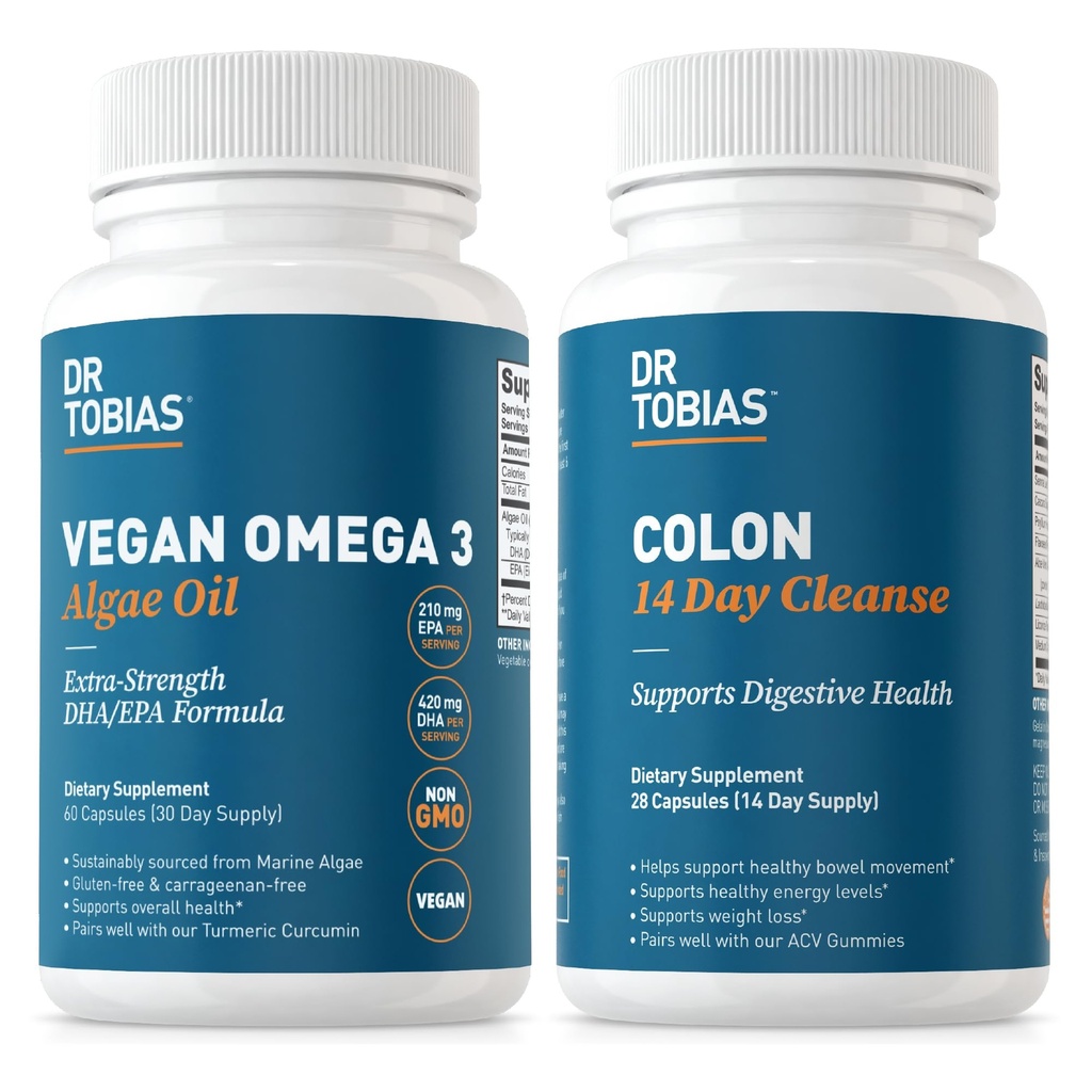 Dr. Tobias Vegan Omega 3 Algae Oil and Colon 14 Day Cleanse for Improved Digestion, Gut &amp; Immune Support, and Global Health