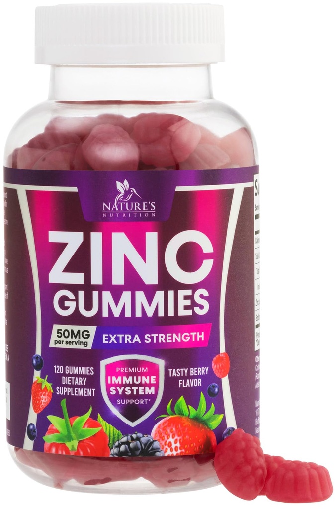 Zinc Gummies 50mg - Bone Skin &amp; Immune Support Health Gummy & Premium Antioxidant Chewable for Adults - High Absorption Vegan, Gluten Free Zinc Supplements Vitamina - Tasty Berry Flavor - 120 Gummies