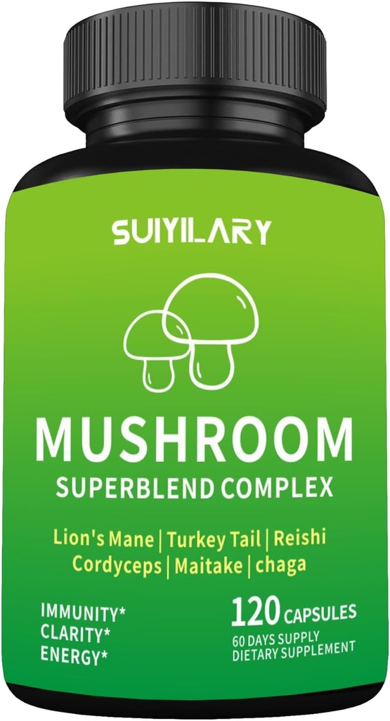 Mushroom Supplement Capsules, Mushrooms Complex, Lions Mane, Cordyceps, Chaga, Reishi, Turquía Tail, Maitake, Brain Supplements for Memory and Focus, 2 Month Supply