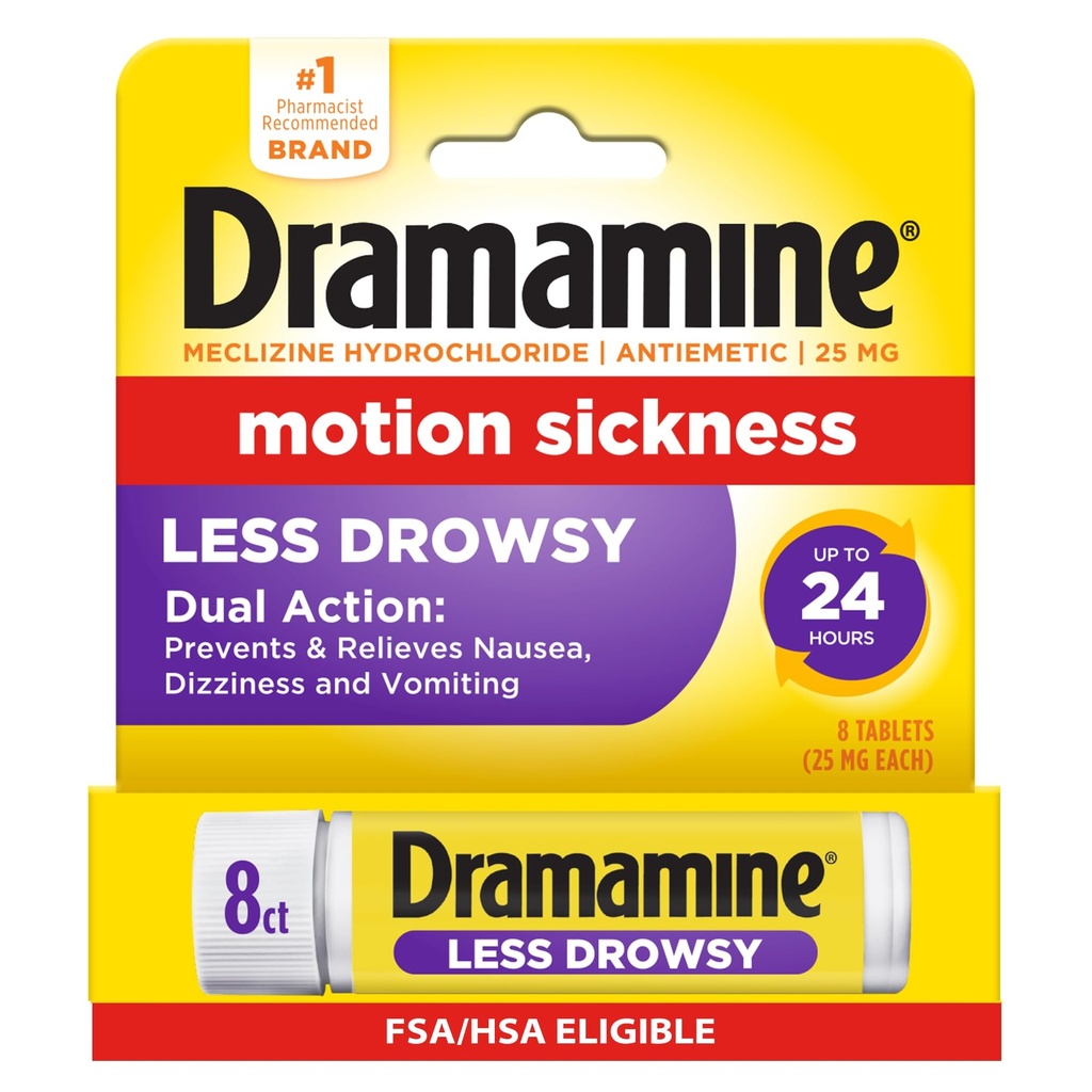 Dramamine Motion Sickness Less Drowsy, Travel Vial, Multicolor, 8 Count