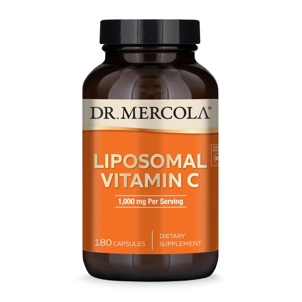 Dr. Mercola Liposomal Vitamina C - Cerebro, Corazón, Eye &amp; Immune Support - Proporciona 1.000 mg de Bioavailable Vitamina C - No Gluten-Free &amp; Soy-Free - 180 capsules (90 Servings)