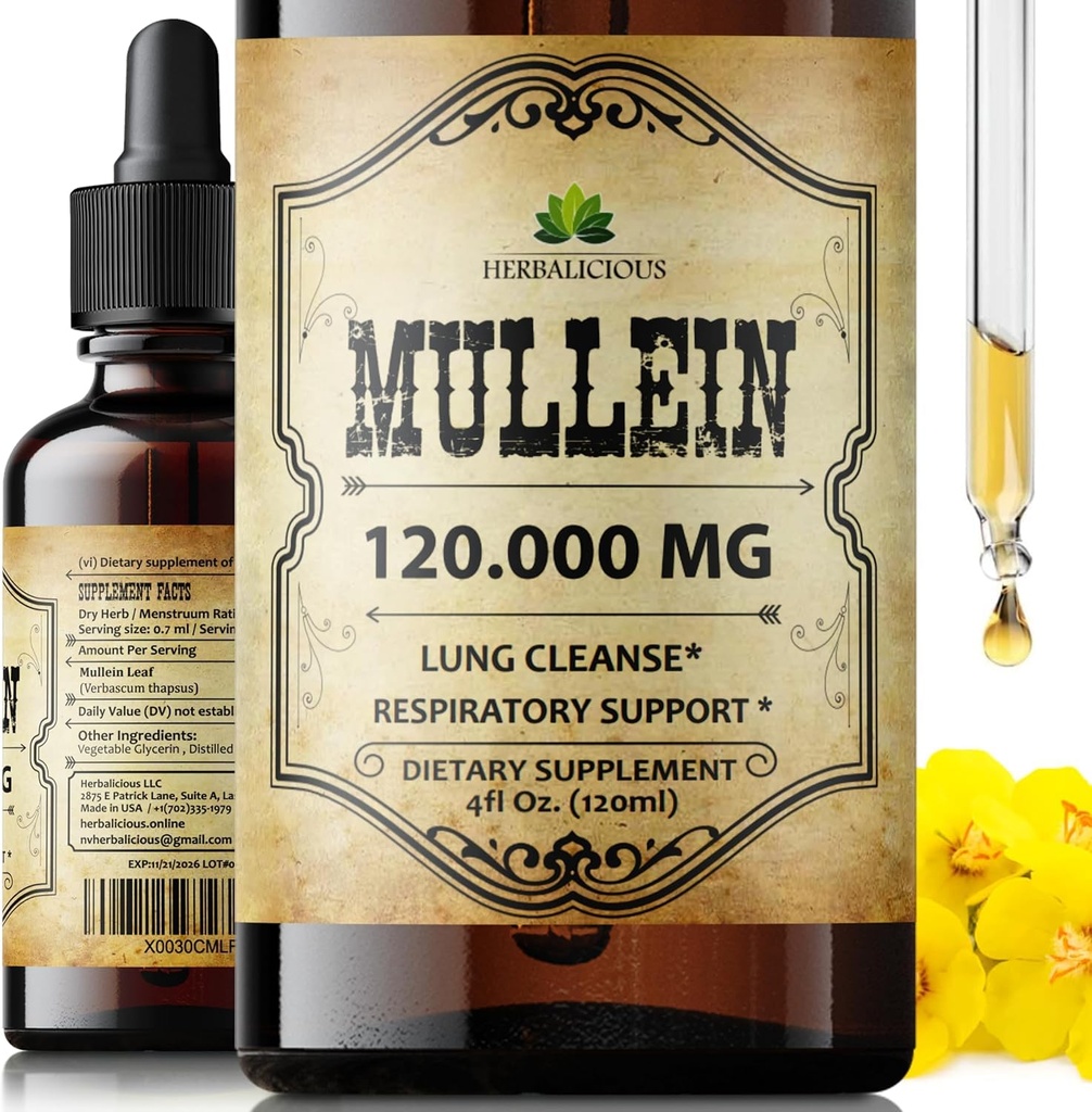 HERBALICIOUS Mullein Drops for Lungs – Organic Lung Cleanse Supplement with Mullein Leaf Extract (Verbascum Thapsus) – Vegan, Non-GMO Liquid Formula – 4 Fl Oz