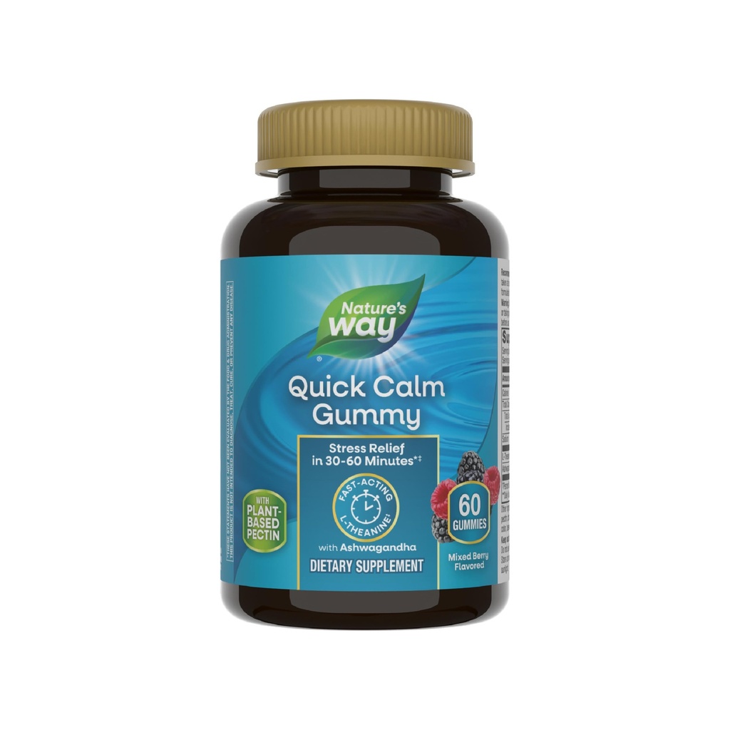 Mangas de calma rápida de la naturaleza, L-Theanine for Relaxation*, Fast-Acting, Stress Relief from L-Theanine Dentro de 30-60 minutos*, con Ashwagandha, Vegetariano, Berry mixed Flavored, 60 Gummies