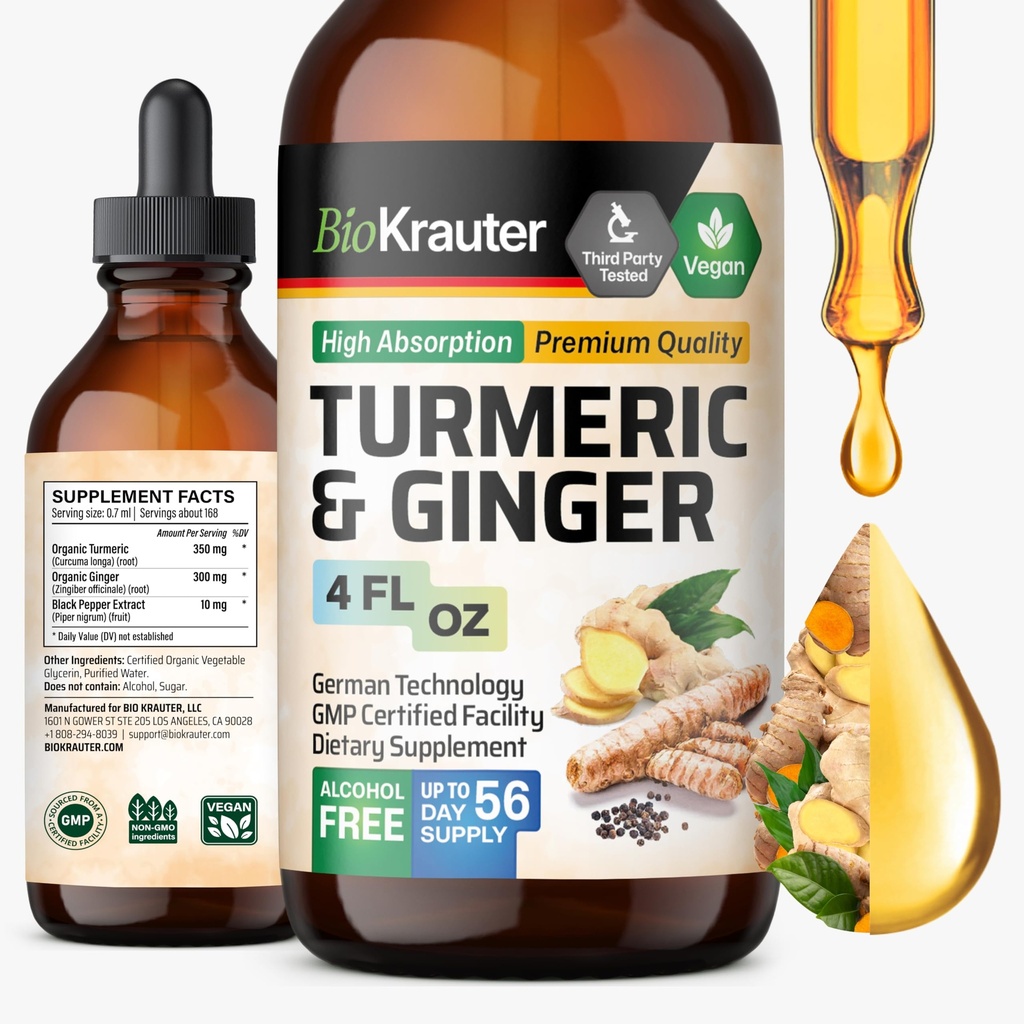 BIO KRAUTER® Turmeric and Ginger Supplement - Pura Vegan Liquid Turmeric " Ginger Tincture with Pepper 4 Fl.Oz 56 Days of Supply - Curcumin Drops for Joint Support, Antioxidant " Immune Support