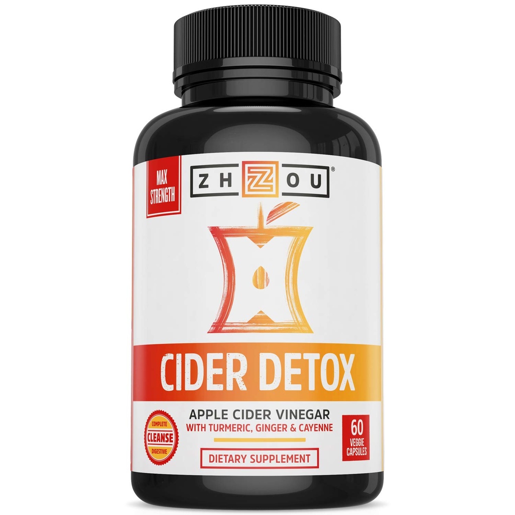 Zhou Cider Detox - Apple Sider Vinegar cápsulas con madre, Raw natural ACV píldoras para hombres y mujeres, Herbal Complex Suplemento con Turmeric &amp; Cayenne Pepper - 60 cápsulas Vegan