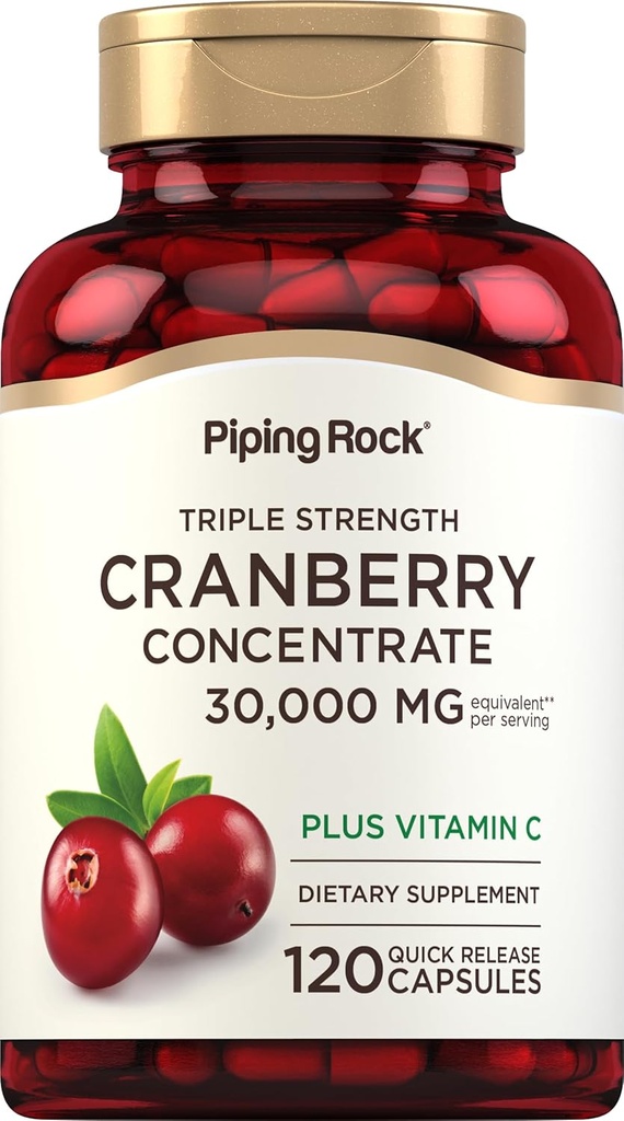 Piping Rock Cranberry Concentrate Pills with Vitamin C TENIDO 30,000 mg TENIDO 120 cápsulas TENIDO Suplemento para Mujeres y Hombres ANTE Triple Strength Concentrate Extract ← Non-GMO, Gluten Free