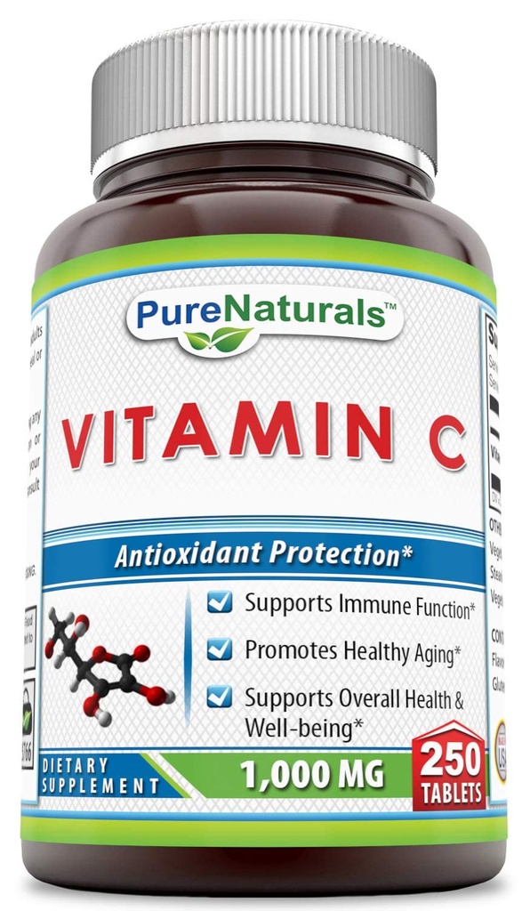 Naturales puros Vitamina C, 1000 mg 250 Tabletas -Apoyos Función inmunitaria* -Apoyos Salud general y bienestar* -Promociones Envejecimiento saludable*