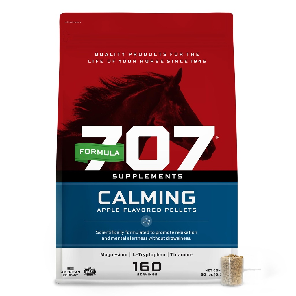 Fórmula 707 Calming Equine Suplemento 20LB Bolsa – 160 Servimientos – Alivio de ansiedad y foco mejorado para caballos – L-Tryptophan, Thiamine &amp; Magnesium