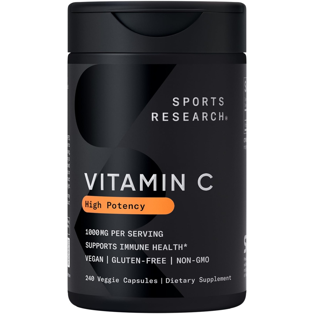 Sports Research High Potency Vitamin C Supplement - Vegan Veggie Capsules for Antioxidant Activity &amp; Immune Support - Non-GMO Verified & Gluten Free - Ascorbic Acid Vitamin C 1000mg, 240 Count