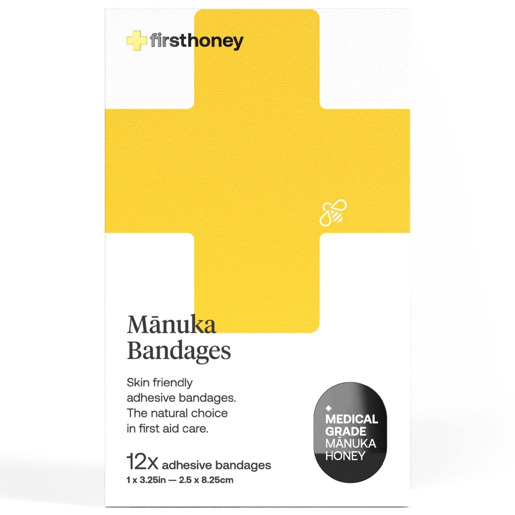 Primera Honey Manuka Honey Adhesive Bandages 12 Pack ← Latex Gratis, Antibiótico Ligero Libre Vestir Silencio Medical Grade Honey Adhesive Pads ← First Aid Care Burns, Cuts, Scrapes, Wounds, Lacerations