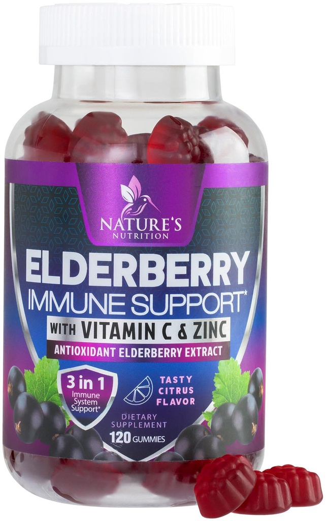 Immune Support Gummies with Elderberry Extract - Sambucus Elderberry Gummy with Zinc &amp; Vitamin C, Natural Vegan Immune Support Supplement for Adults &amp; Kids, Gummy Elder berry Vitamins - 120 Gummies