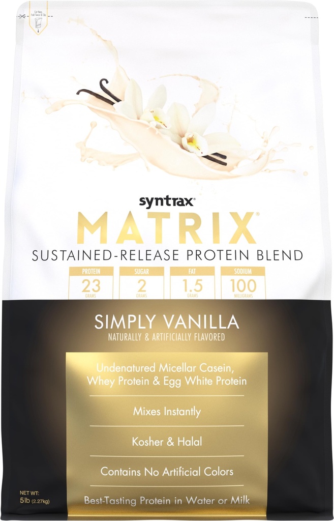 Matriz de nutrición sintráx - Proteína de liberación sostenida Blend, simplemente vainilla 5 libras.