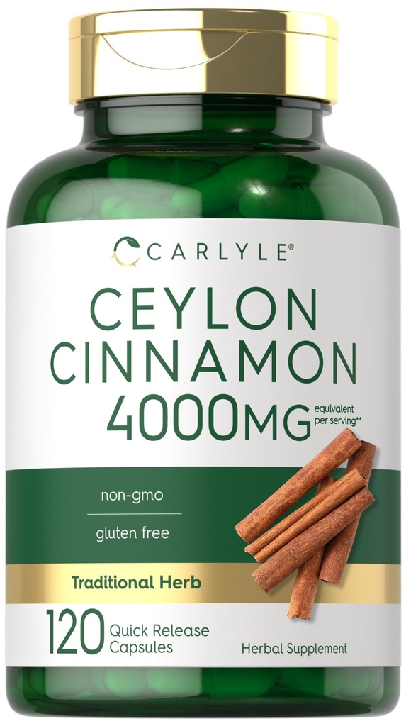 Carlyle Ceylon Cinnamon Capsules 4000 mg Silencio 120 Cuenta Silencioso No GMO &amp; Gluten Suplemento gratuito
