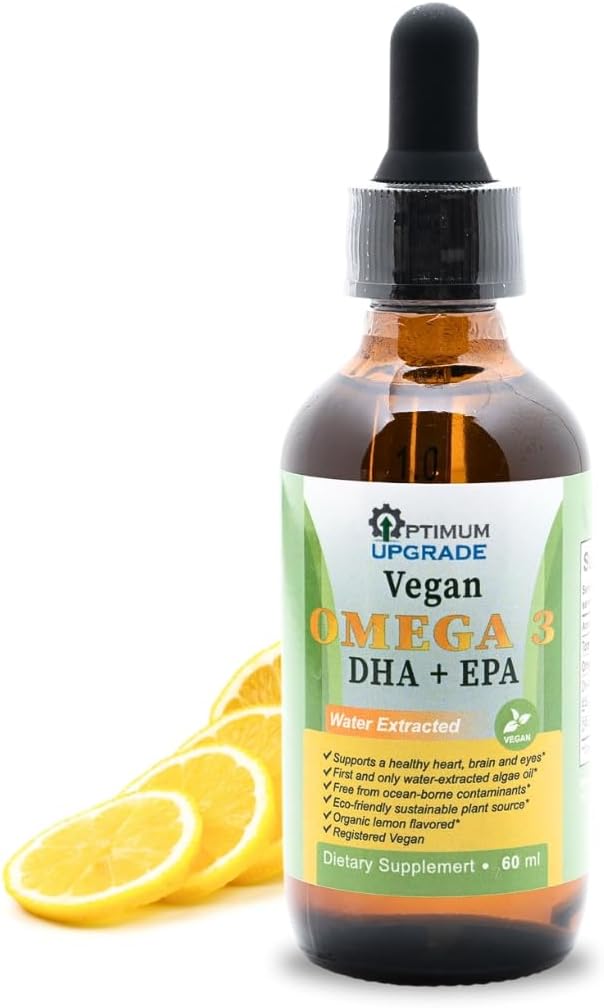 OU Vegan Omega 3 gotas - Lemon Flavored, Organic Water-Extracted Algae Oil with EPA, DHA &amp; DPA - Non-GMO, Plant-Based Liquid Vitamin for Heart, Brain & Joint Health - 60 dosis