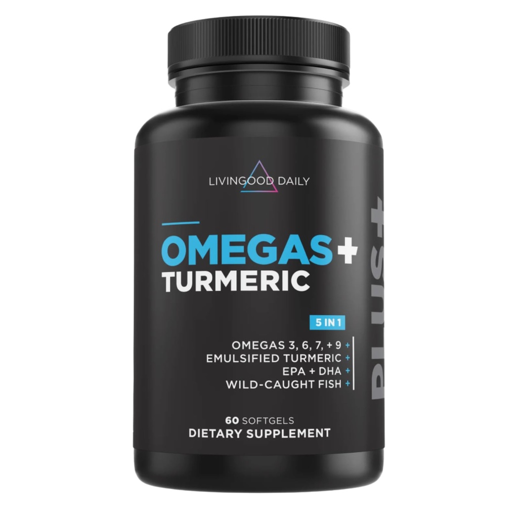 Livingood Daily Omega 3 6 9 Plus Turmeric Curcumin Suplemento, 60 Softgels - Fish Oil Omega 3 Suplementos (EPA & DHA) para Hombres y Mujeres - Cerebro, Conjunto, Salud del Corazón y Metabolismo - Hecho en EE.UU.