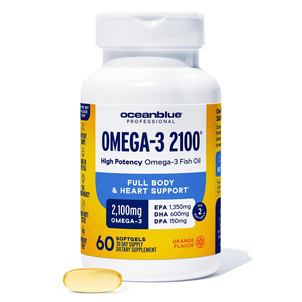 Oceanblue Professional Omega-3 2100mg Fish Oil Supplement Triple Strength, High Potency EPA, DHA &amp; DPA Burpless, Wild-Caught, Natural Orange Flavor 60 Softgels (Pack of 1)