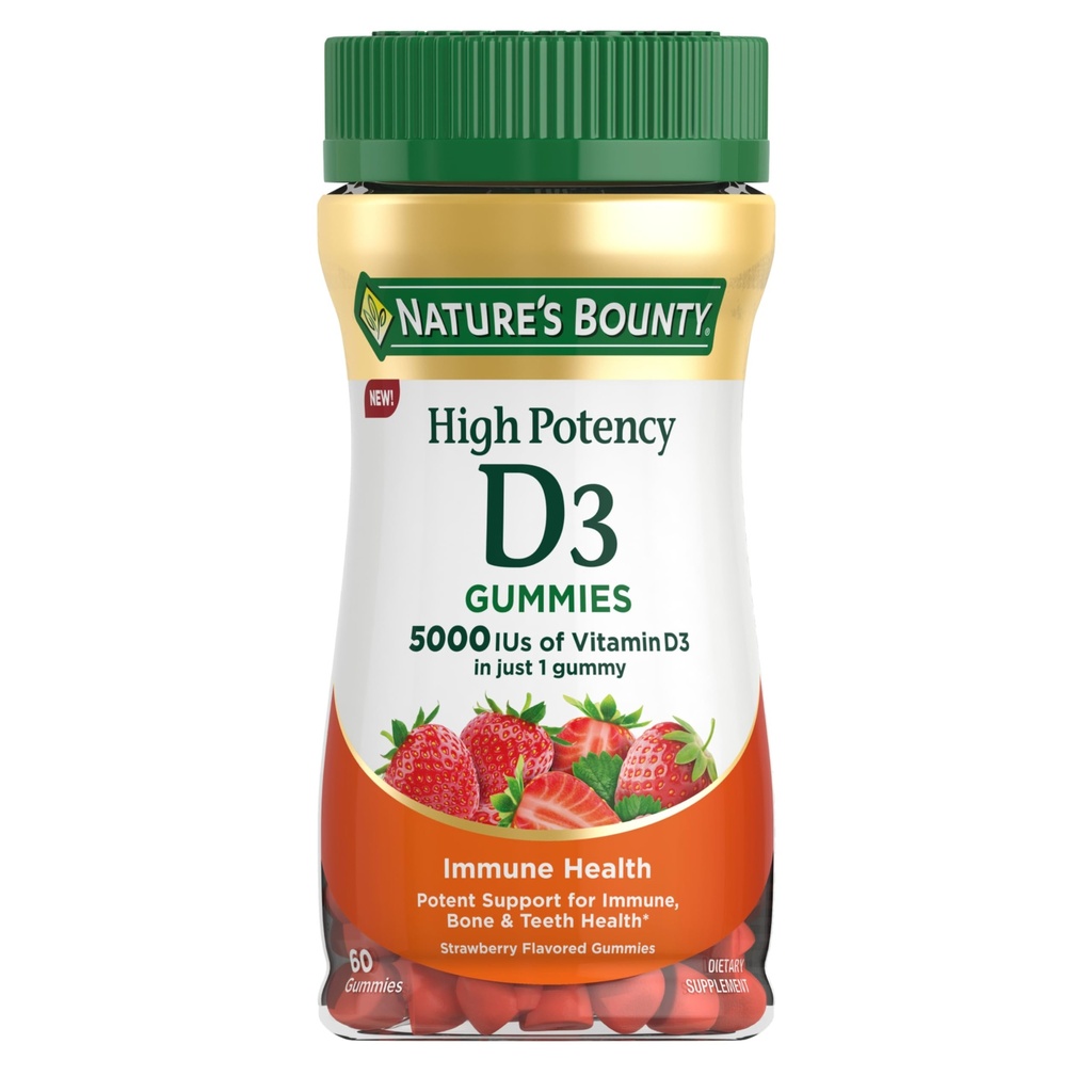Bounty Vitamina D 5000 UI Gummies, Vitamina D3 Alta Potencia Apoyo Inmunitario &amp; Bone Health Suplemento, 5000 UI en 1 Gummy, Sabor de Fresa, 2 meses Suministro, 60 Gummies vegetarianas para adultos