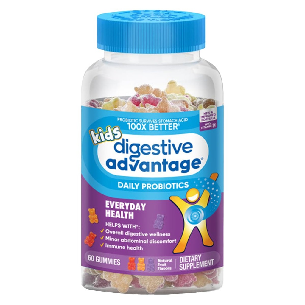 Beneficios Digestivos, Gummy Probiótico para Niños, 60 Gummies, Libre de gluten, Supervive 100x Mejor, Sabores de Frutas Surtidos, Apoya Salud Digestiva en Niños