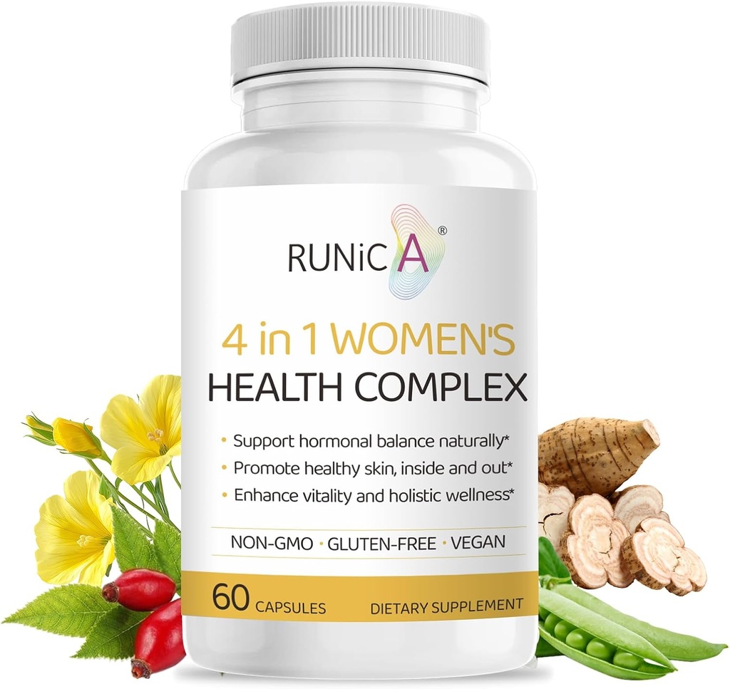 Suplemento Complejo de Equilibrio Hormonal Femenino de 4 en 1 , Rosehip, Pueraria & Evening Primrose con Isoflavones de Soy , Ciclo Menstrual, Menopause, Nivel de Energía & Esquí saludable