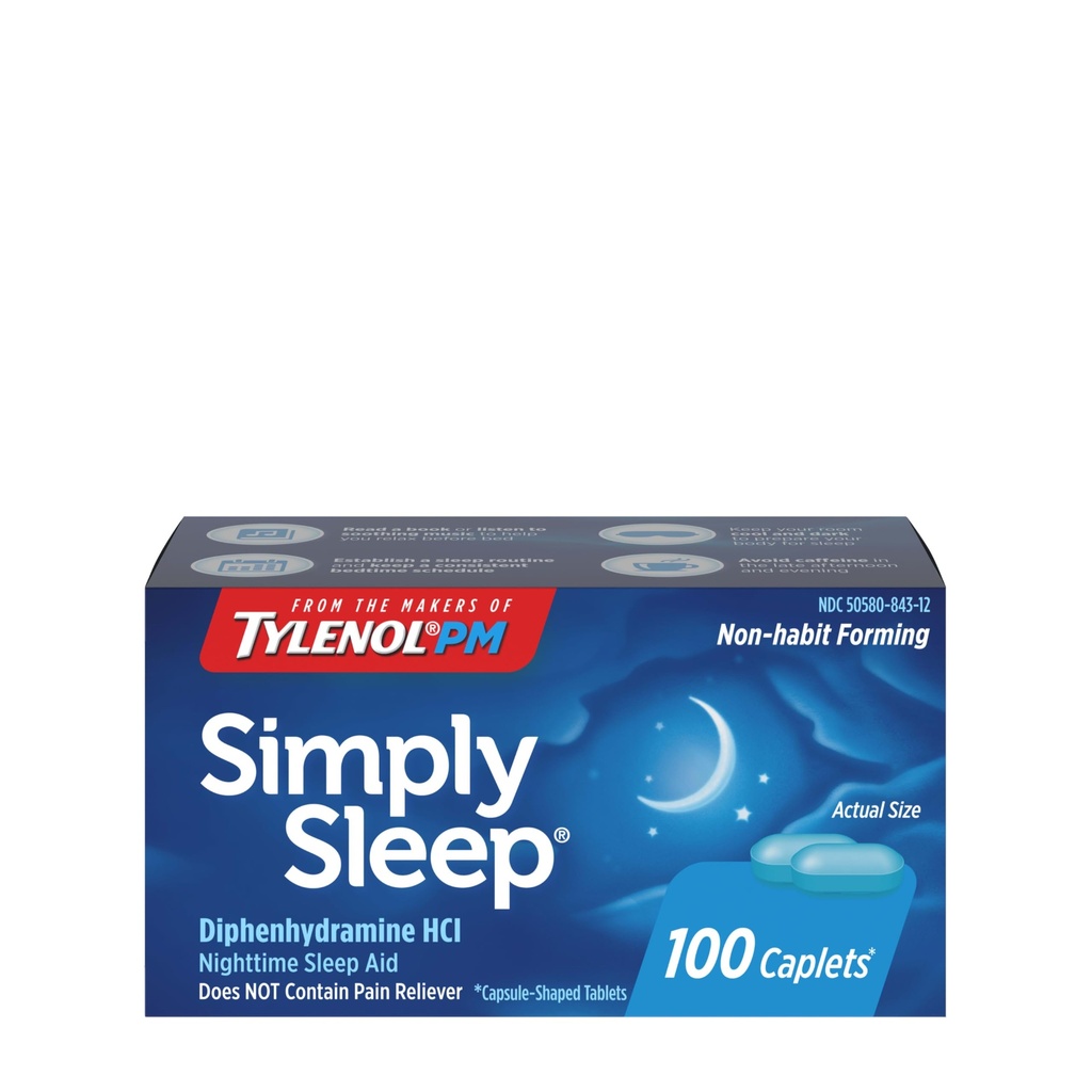 Tylenol Simple Sleep Nighttime Sleep Aid Caplets, 25 mg Diphenhydramine HCl, Non-Habit Forming Sleep Aid for Adults, 100 Cuentas