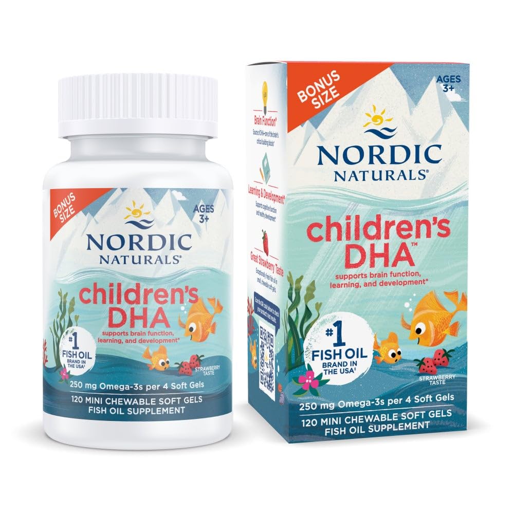Naturales nórdicos DHA, Fresa - 120 Mini Chewable Soft Gels para niños - 250 mg Omega-3 con EPA &amp; DHA - Función de desarrollo del cerebro - No GMO - 30 Servimientos