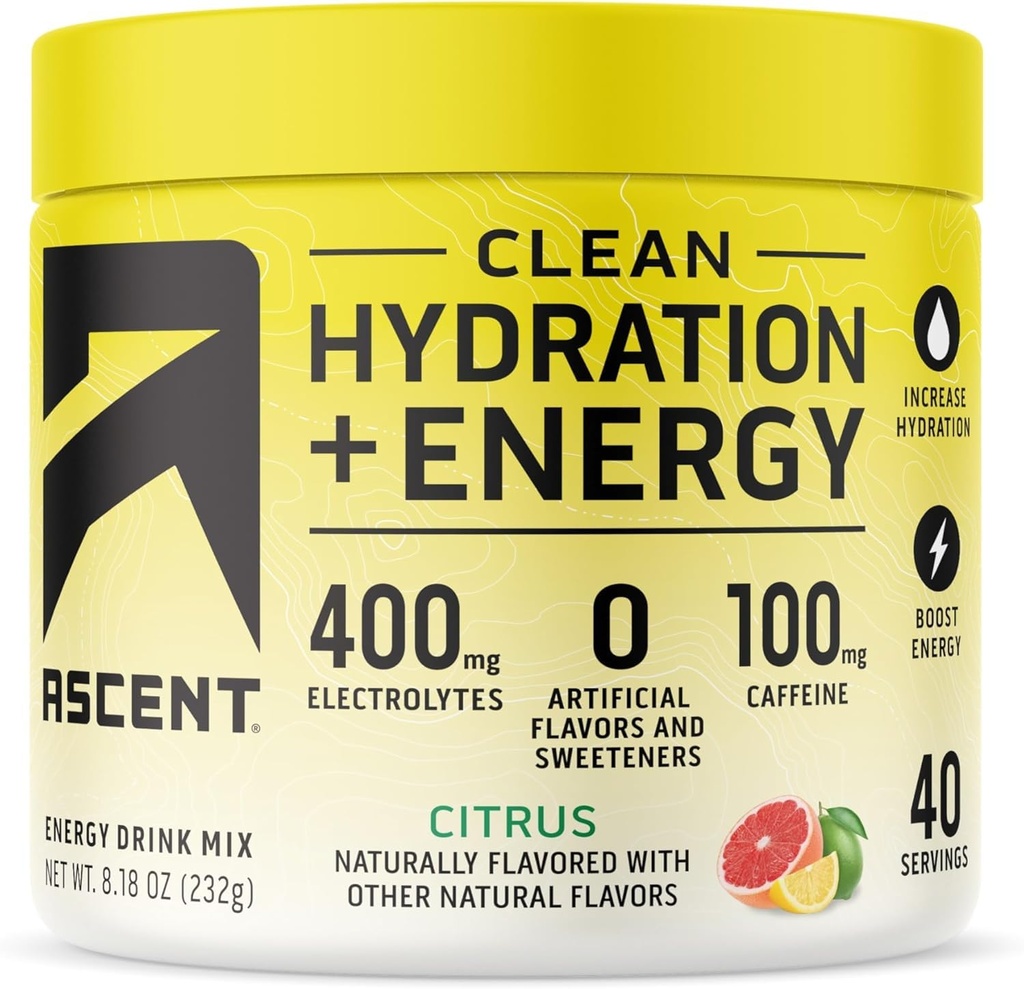 Ascent Clean Hydration + Energy Electrolytes Powder - 100mg Caffeine, 400mg Electrolytes, Sin ingredientes artificiales, Citrus 40 Servings