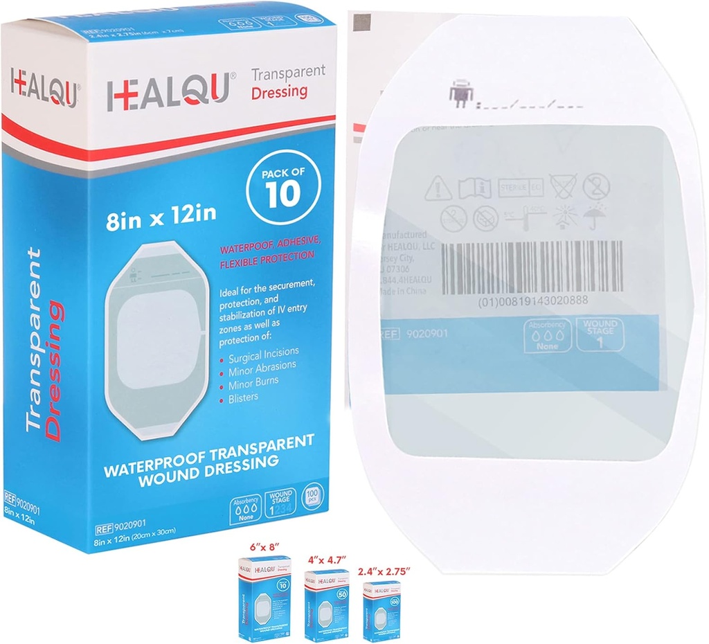 Vestir películas transparentes 8" x 12" (10 Pack) – Bandejas a prueba de agua para la ducha post-quirúrgica, escudo IV, cuidado después del tatuaje, patrones de vestir transparentes respirables por HEALQU