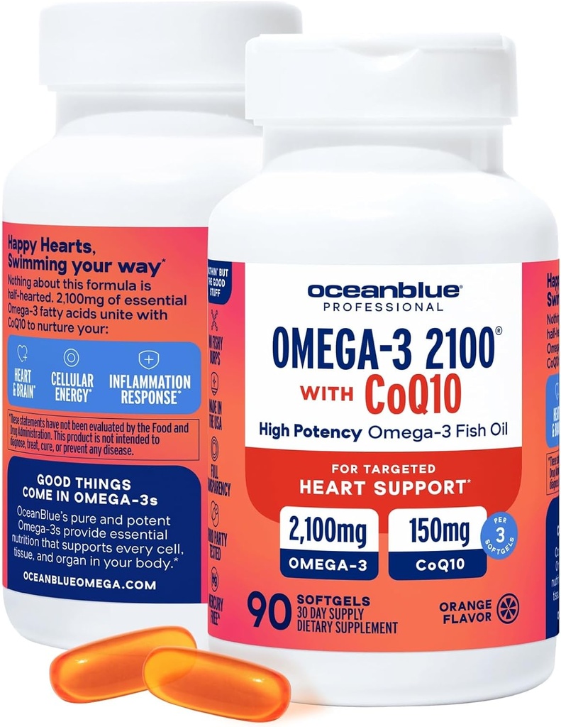 Oceanblue Professional Omega-3 2100 con CoQ10 – 90 ct – 2 Pack – Triple Strength Fish Oil Suplemento con EPA de alta potencia y DHA, y CoQ10 – Orange Flavor (60 Servings)