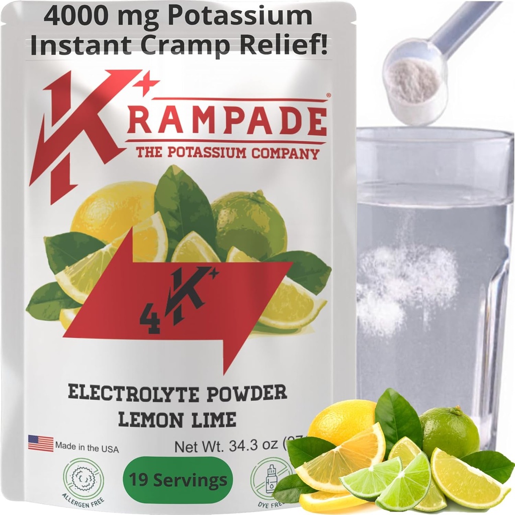 Krampade Lime de limón original 4K, 4000 mg Potassium Instant Cramp Relief Electrolyte Drink Powder ← Diseñado para atletas y amortiguadores latitud 19-Serving Resealable Pouch