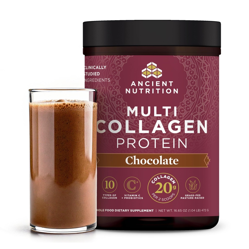 Nutrición antigua Péptidos de colágeno hidrolizado Polvo con Probióticos, Chocolate Proteína multi colágeno para Mujeres y Hombres con Vitamina C, 40 Servimientos, Apoya la piel y las uñas, Gut Health, 16.65oz