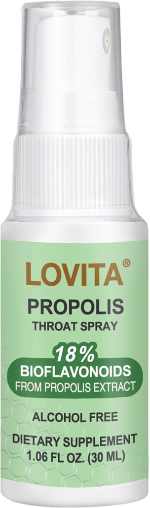 Rocia de garganta de abeja Lovita Propolis, 18% Bioflavonoides, Sin alcohol, Soporte Inmunitario, Aceite de garganta, Antioxidante, Sabor suave, 1 Fl Oz (Pack de 1)