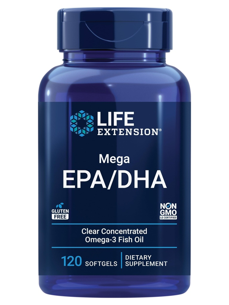 Prórroga de la vida Mega EPA/DHA, ácidos grasos Omega-3, Salud del corazón " , No Gluten-Free, 120 softgels