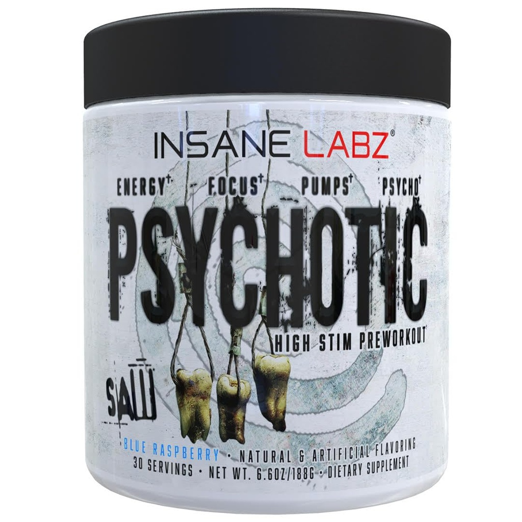 Insane Labz Psicotic SAW, High Stim Pre Workout Powder with OxyGold­TM and AMPiberry®,Extreme Lasting Energy with Teacrine®,Focus with CognitIQ® and Endurance (30 Servings (Pack of 1), Blue Raspberry)