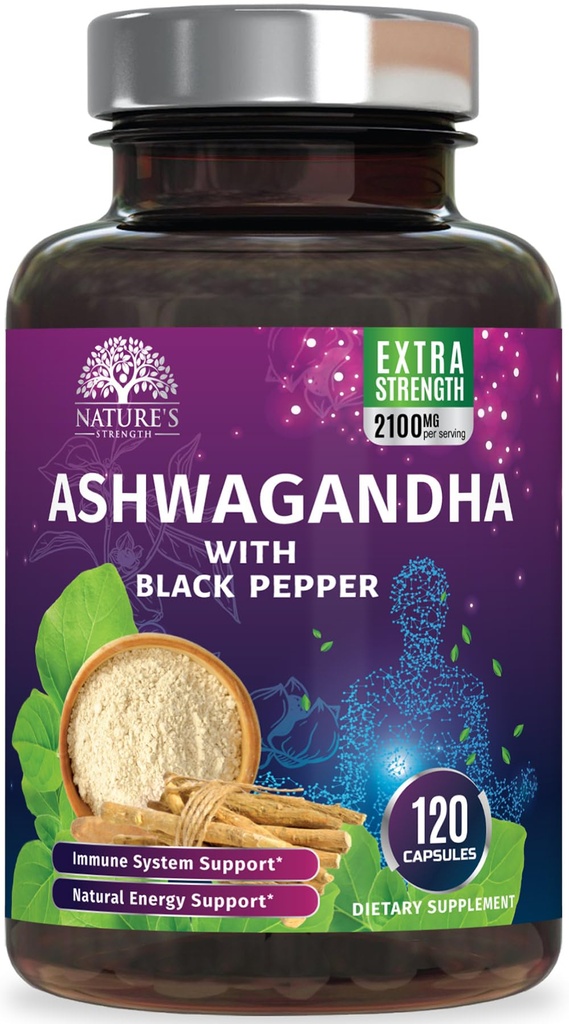 Ashwagandha Suplementos 2100mg - Extra Strength Ashwagandha Powder " Extracto con Pepper Negro para Max Absorción, Herbal Antioxidant Suplementos para Hombres Mujer, Vegan, No GMO - 120 cápsulas