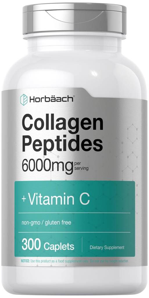 Horbäach Collagen Peptides 6000mg ← 300 píldoras de Caplet Silencio con Vitamina C ← Suplemento de Collagen Hidrolyzed