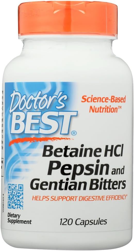 Los mejores doctores Betaine HCL Pepsin y Bitters Gentian, Gluten Free, 120 cápsulas (Pack of 1)