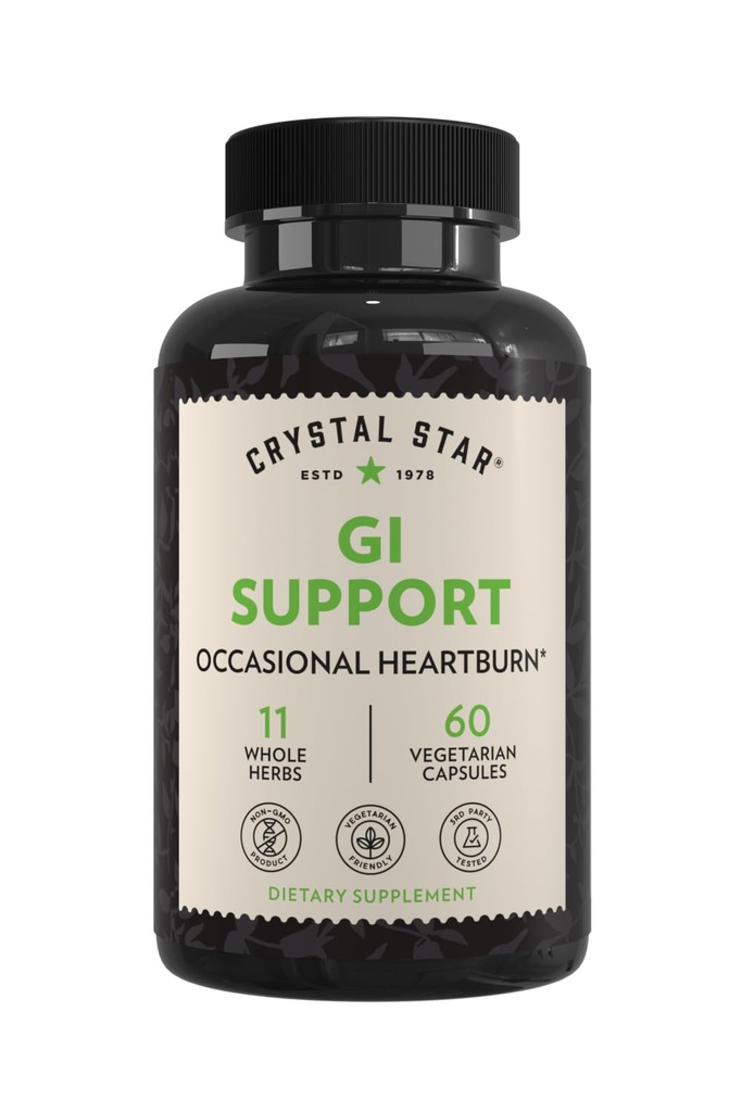 Suplemento de apoyo de Crystal Star GI (60 cápsulas) – Suplemento de salud de hierbas Que calma la acidez ocasional y apoya el reflujo ácido – jengibre, resbaladizo Elm Bark " Betaine HCL – Non-GMO