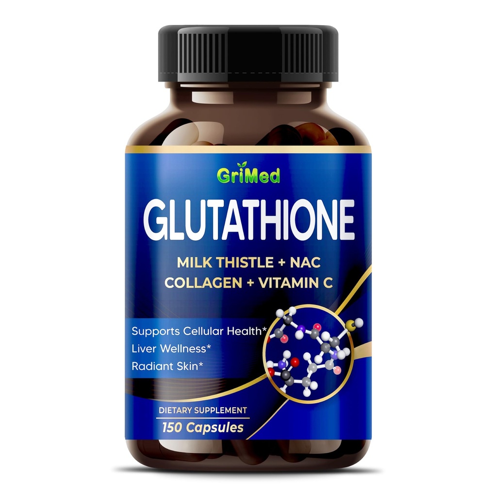 GriMed Glutathione 11,200mg - X10 Power with Milk Thistle, NAC, Collagen, Vitamina C - Cellular Wellness, Radiant Skin - USA Made & Tested (150 Conde (Pack of 1))