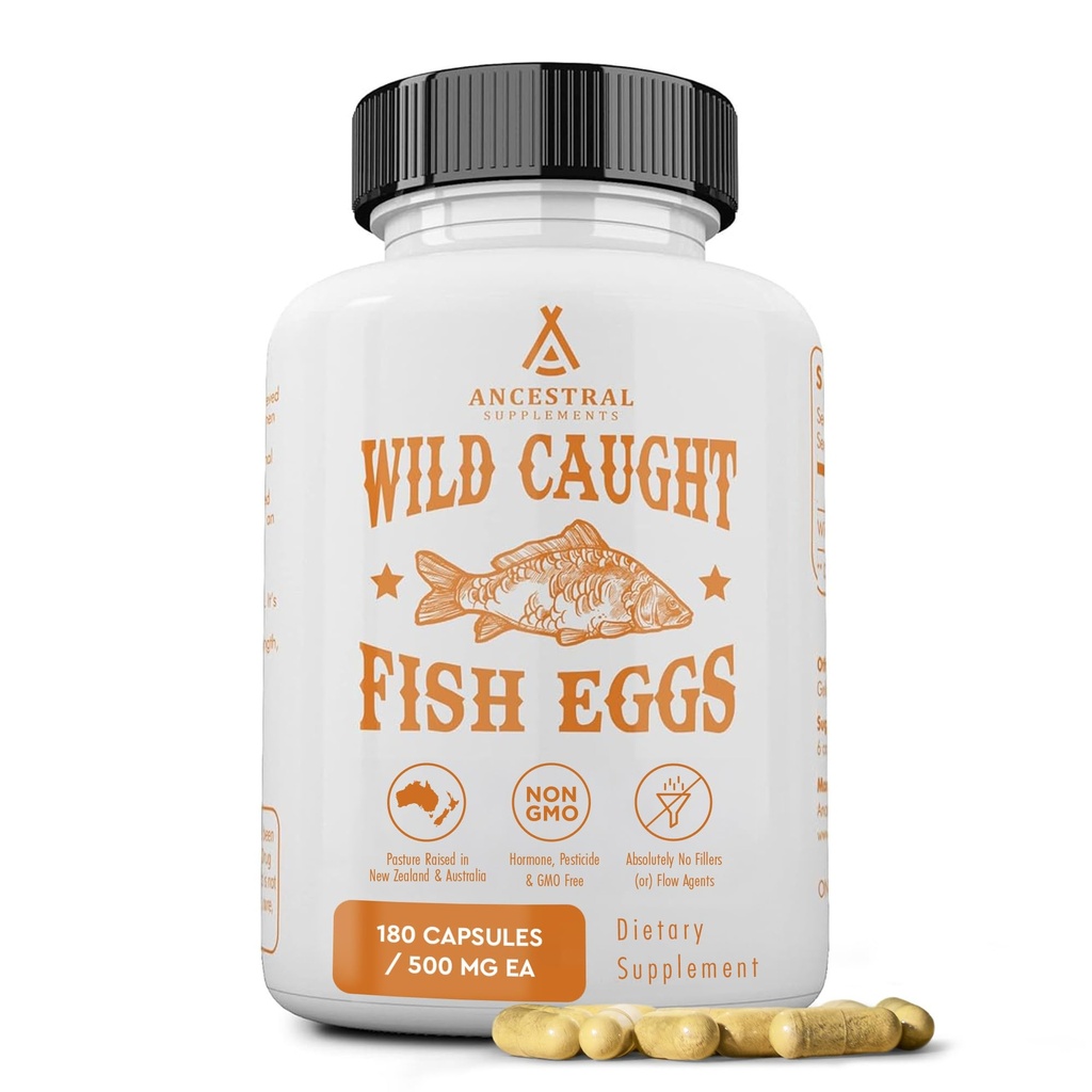 Suplementos ancestrales Huevos de pescado silvestre, 2400 mg, Omega-3 Suplemento Apoya Cerebro, Corazón, Fertilidad y Salud Inflamatoria, Fuente Alimentaria entera de vitamina D, K2, y A, No GMO, 180 cápsulas