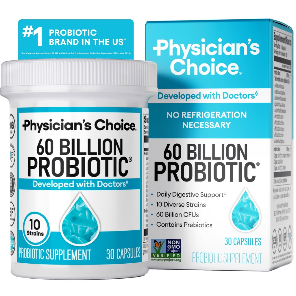 Probióticos de Elección de Médicos 60 Billones CFU - 10 Estrechos + Prebióticos Orgánicos - Salud Inmune, Digestiva " Gut - Apoya el estreñimiento ocasional, la diarrea, el gas " , para Hombres Mujer - 30ct