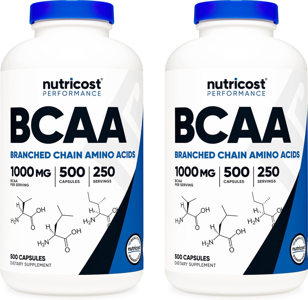 Nutricost BCAA 1000mg, 500 cápsulas (250 serv), 2:1:1 Aminoácidos de cadena ramificada (500 mg de L-Leucine, 250 mg de L-Isoleucina y L-Valine) (2 botellas)