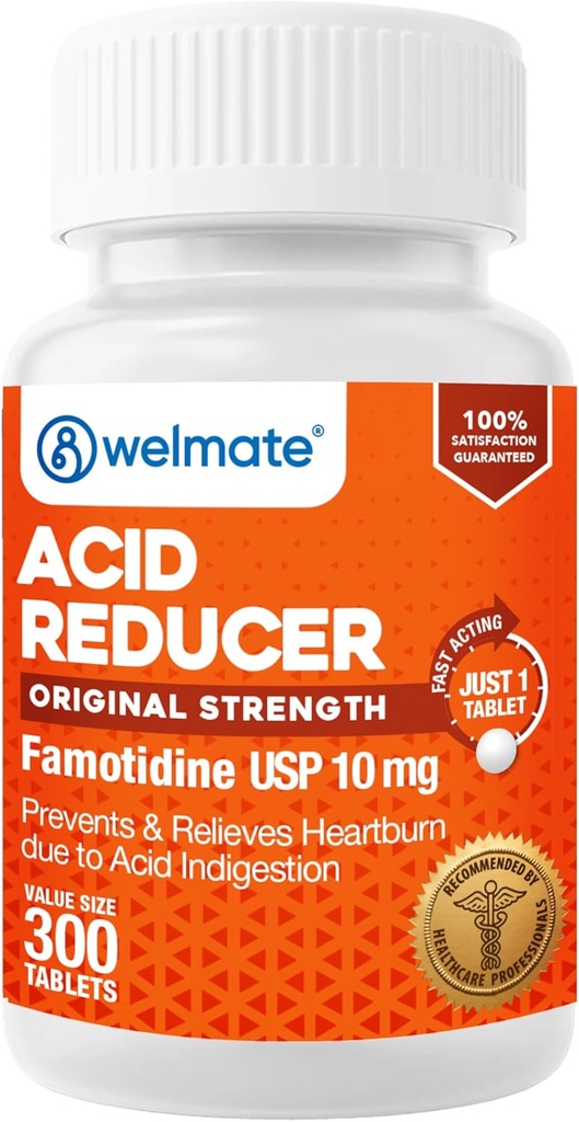 WELMATE - Reductor de ácido de Famotidine, 10 mg - Fuerza original - Rescate de acidez - Indigestión de ácido - Alivio de estómago - Funciona en 15 minutos - Medicación Genérica - Tamaño del valor - 300 Tabletas
