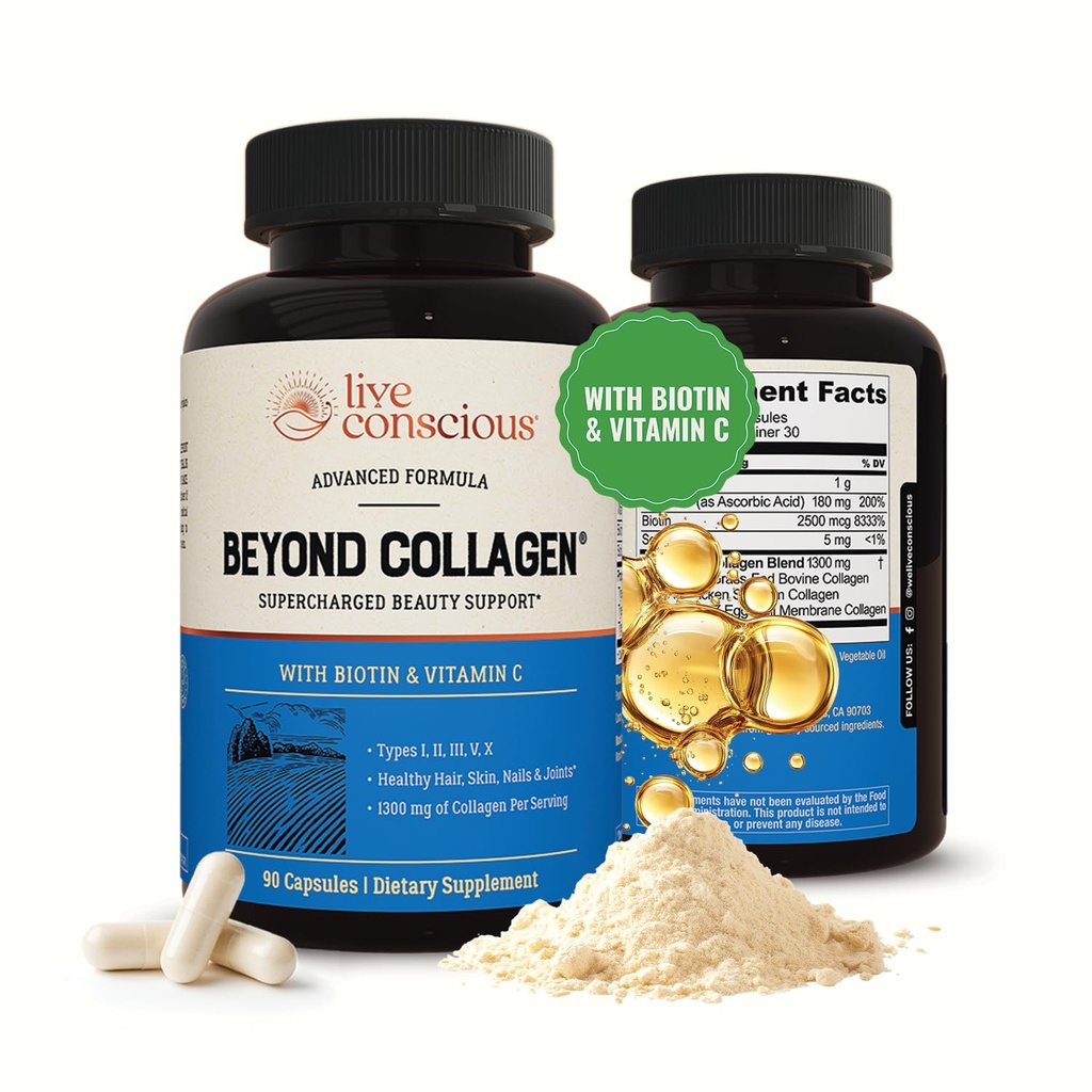 Conscious Beyond Collagen Multi Collagen Capsules - Tipos I, II, III, V & X - Hidrolyzed Blend with Biotin & Vitamin C for Hair, Skin, Nails 90 Capsules