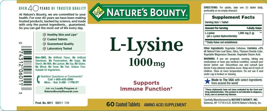 Bounty L-Lysine 1000 mg Tablets 60 ea (Pack of 9)