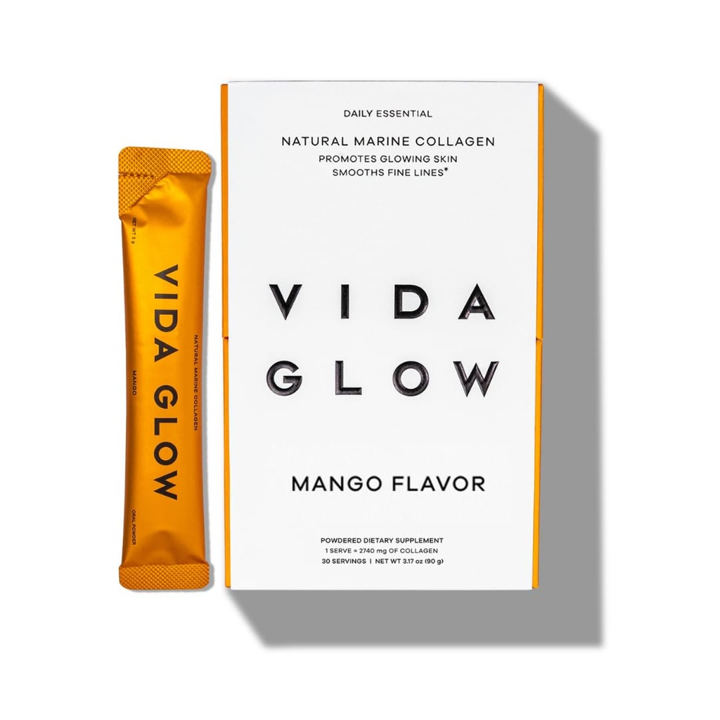 Vida Glow Marine Collagen Powder - Anti Aging Suplemento con Peptides Collagen, promueve la piel de alambramiento, uñas fuertes, cabello saludable latitud 30 Servimientos, Mango Flavor