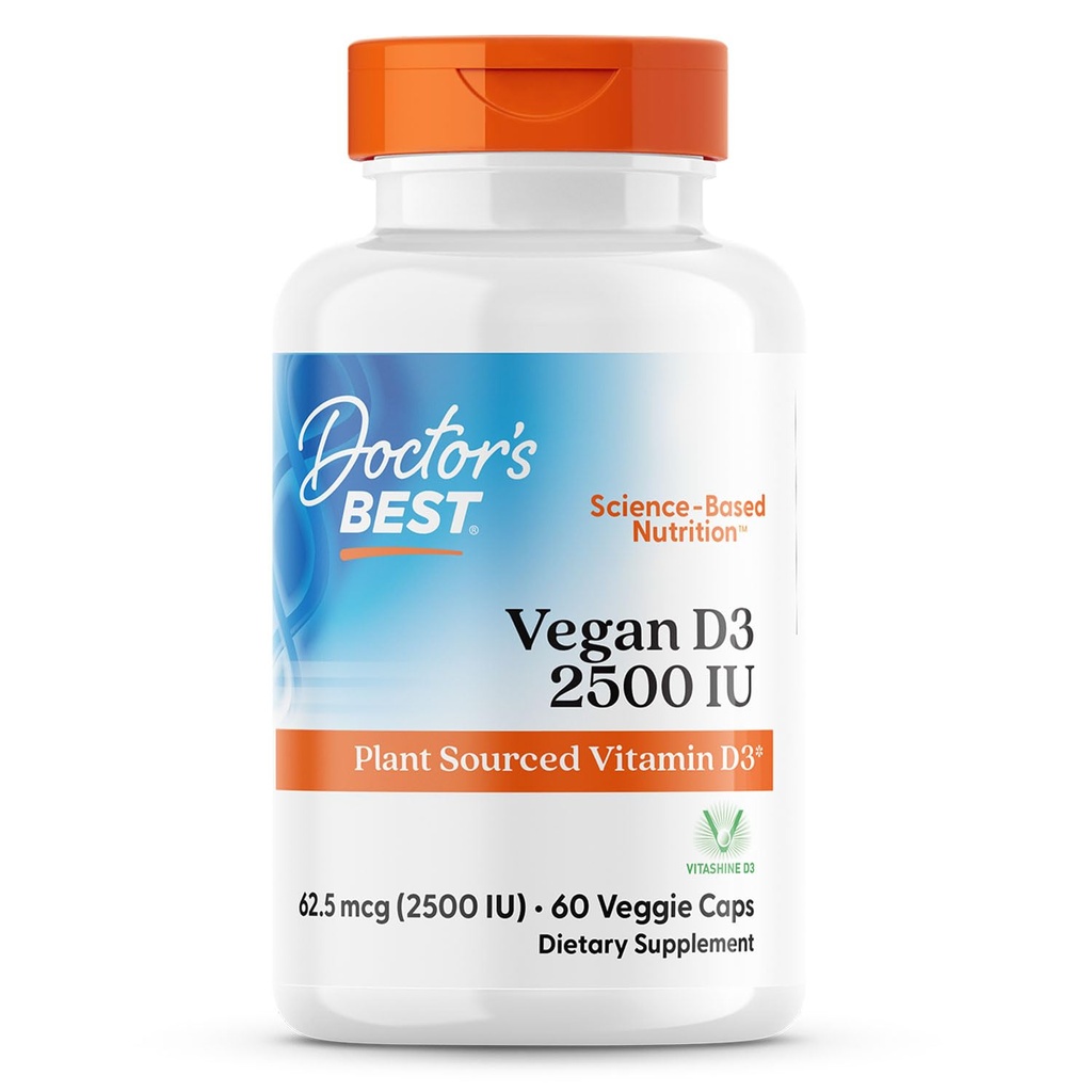 Médicos Mejor Vegan D3 2500 UI (Vitashine), Vitamina de origen vegetal D3, No GMO, Gluten Gratis, Soy Gratis, Vegan 60 Veggie Caps