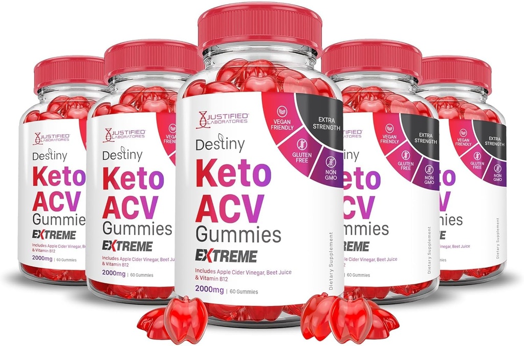Laboratorios justificados (5 Pack Destiny Keto ACV Gummies Extreme 2000MG Destiny Keto Gummies Advanced Formula Apple Cider Vinegar con Pomegranate Beet Powder B12 Vegan Non GMO 300 Gummys