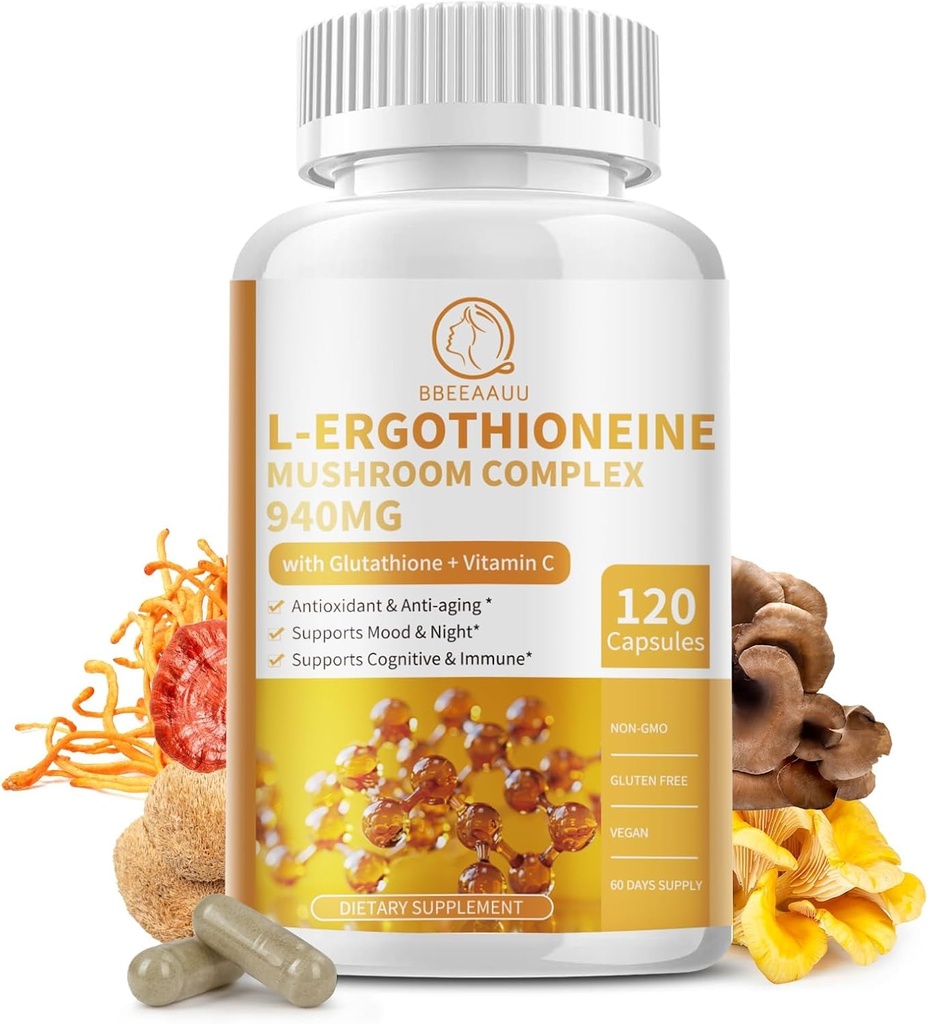 Mushroom Complex Capsules Suplementos, 9 en 1 con L-Ergothioneine, Glutathione, Lions Mane, Reishi, Cordyceps, Organic Mushroom Extracts for Immune & Antioxidant Support 120 Counts-Non GMO, Vegan